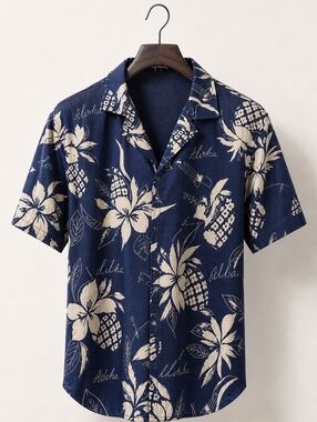Vintage 70's Hilo Hattie Blue and White Floral Button-Up Shirt. XL